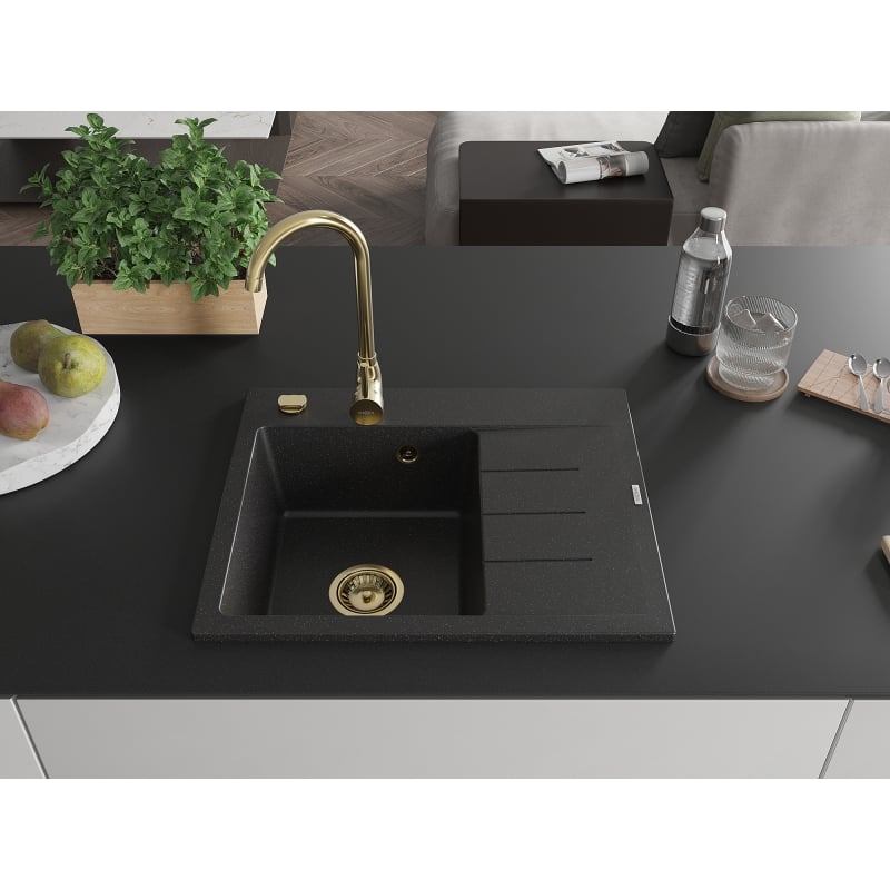 Mexen Ben Granitspüle 1-beckig mit Abtropffläche, links 600 x 500 mm, schwarz/silber metalleffekt, Siphon gold