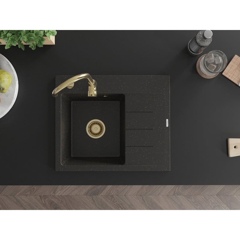 Mexen Ben Granitspüle 1-beckig mit Abtropffläche, links 600 x 500 mm, schwarz/gold metallic, Siphon gold - 6522605000-75-G