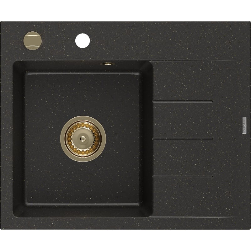 Mexen Ben Granitspüle 1-beckig mit Abtropffläche, links 600 x 500 mm, schwarz/gold metallic, Siphon gold - 6522605000-75-G