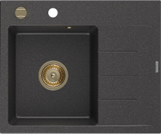 Mexen Ben Granitspüle 1-Becken mit Abtropffläche, links 600 x 500 mm, schwarz gesprenkelt, Siphon gold - 6522605000-76-G