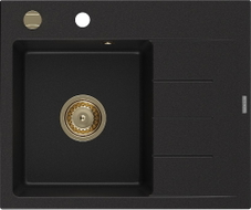 Mexen Ben Granitspüle 1-beckig mit Abtropffläche, links 600 x 500 mm, schwarz, goldener Siphon - 6522605000-77-G