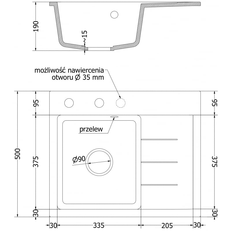 Mexen Ben Granitspüle 1-beckig mit Abtropffläche, links 600 x 500 mm, schwarz, goldener Siphon - 6522605000-77-G