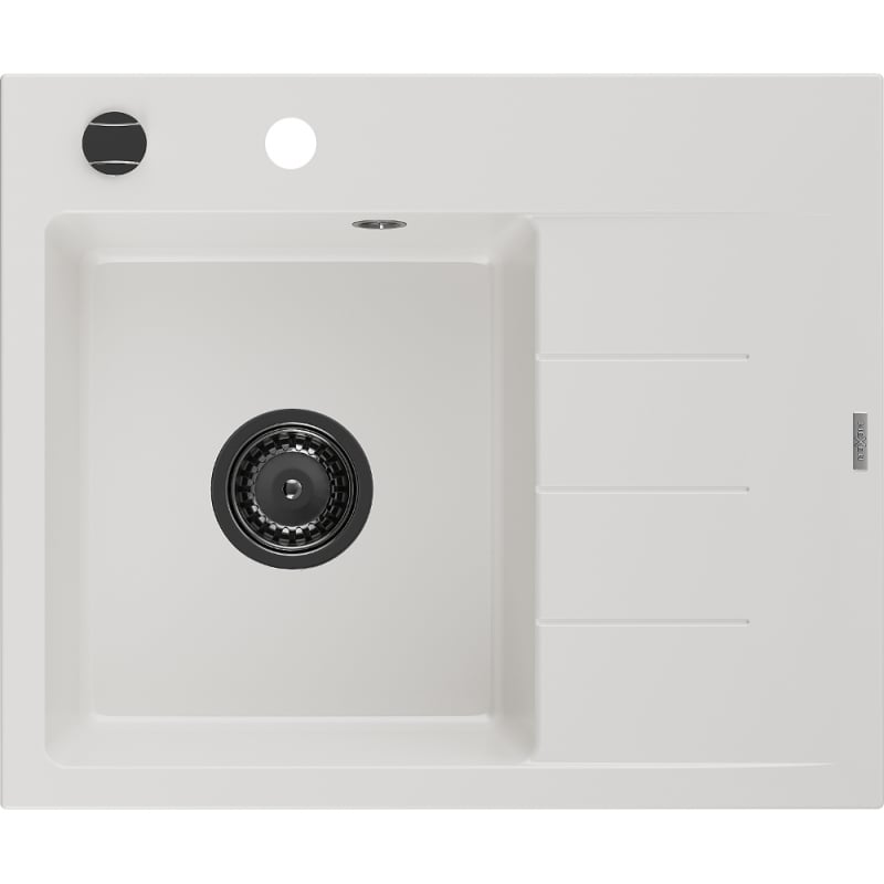 Mexen Ben Granitspüle 1-Becken mit Abtropffläche, links 600 x 500 mm, weiß, schwarzer Siphon - 6522605000-20-B