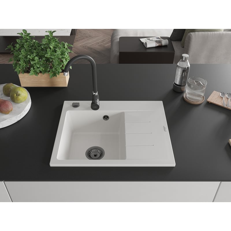 Mexen Ben Granitspüle 1-Becken mit Abtropffläche, links 600 x 500 mm, weiß, schwarzer Siphon - 6522605000-20-B