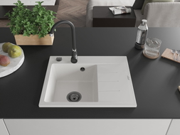 Mexen Ben Granitspüle 1-Becken mit Abtropffläche, links 600 x 500 mm, weiß, schwarzer Siphon - 6522605000-20-B