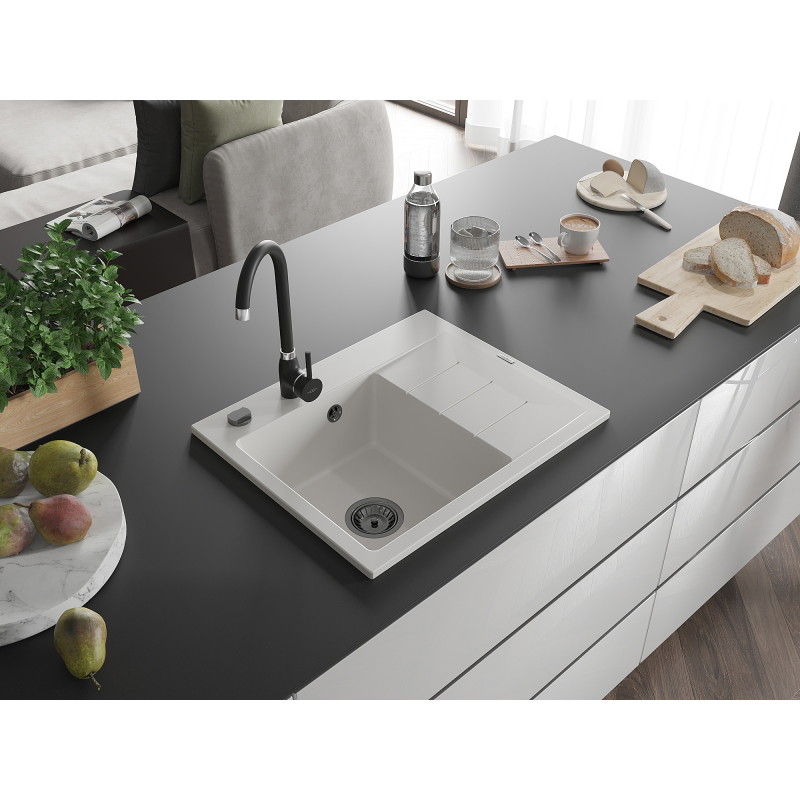 Mexen Ben Granitspüle 1-Becken mit Abtropffläche, links 600 x 500 mm, weiß, schwarzer Siphon - 6522605000-20-B