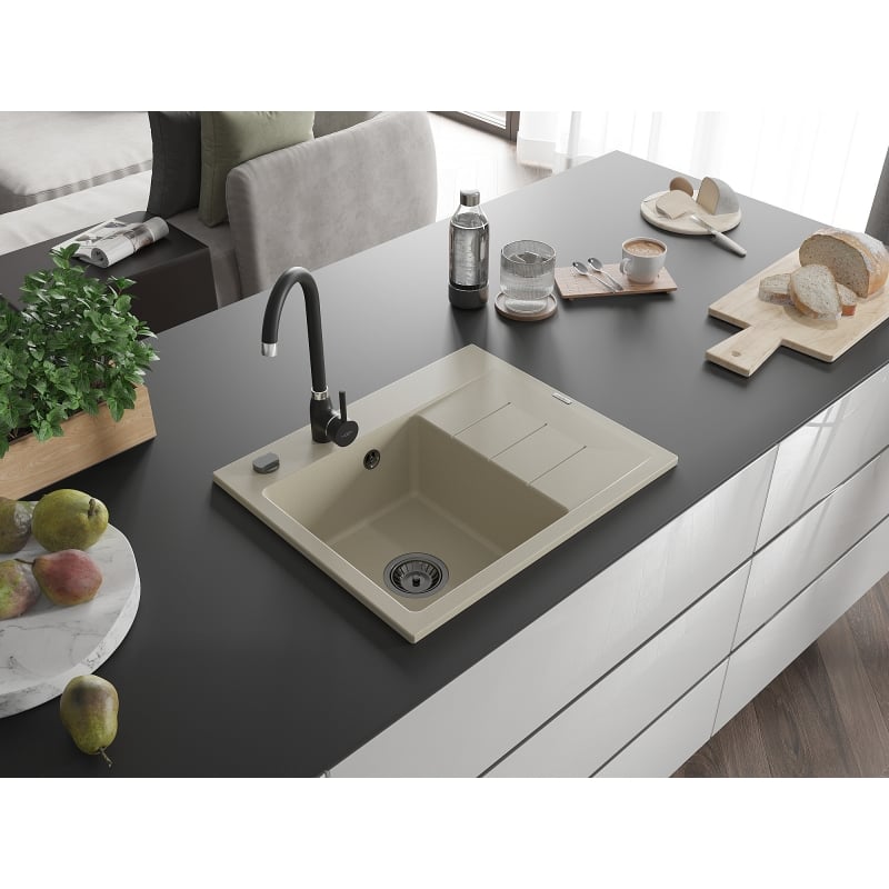 Mexen Ben Granitspüle ein Becken mit Abtropffläche, links 600 x 500 mm, beige, schwarzer Siphon - 6522605000-69-B