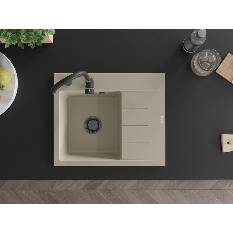 Mexen Ben Granitspüle ein Becken mit Abtropffläche, links 600 x 500 mm, beige, schwarzer Siphon - 6522605000-69-B