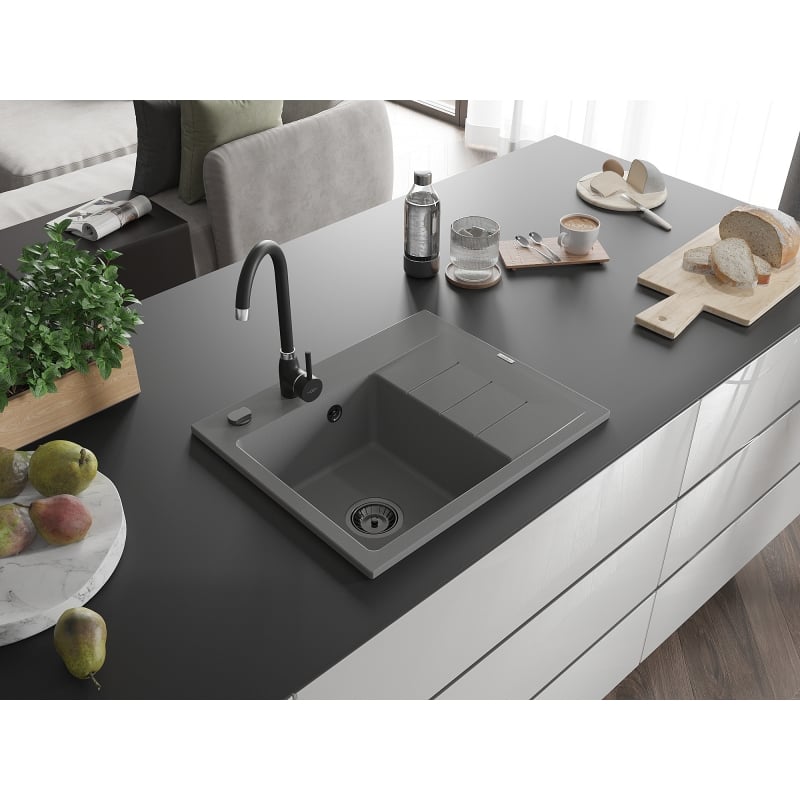 Mexen Ben Granitspüle 1-beckig mit Abtropffläche, links 600 x 500 mm, grau, schwarzer Siphon - 6522605000-71-B
