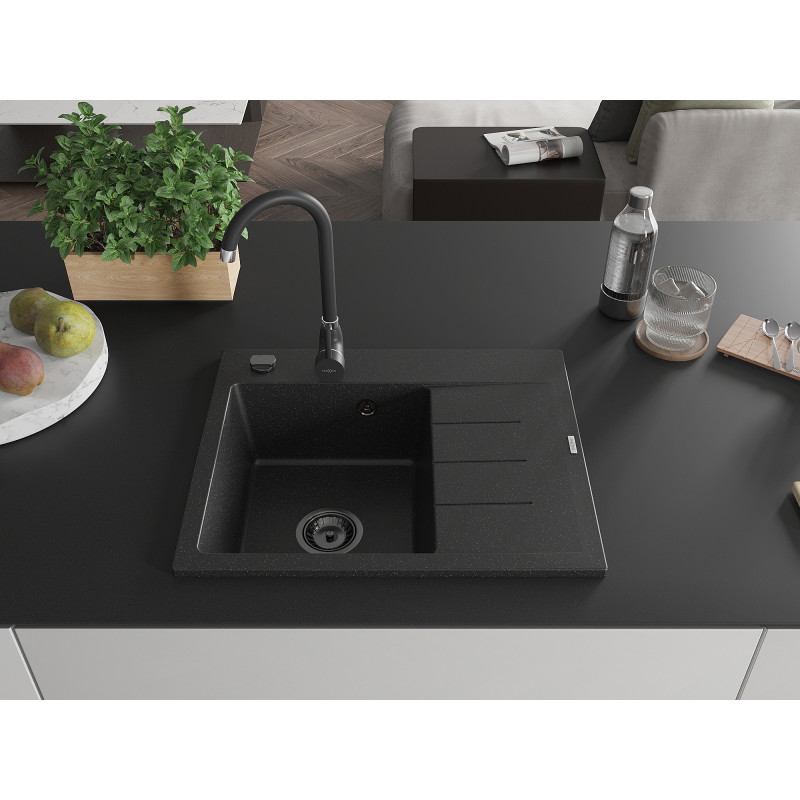 Mexen Ben Granit-Spüle 1-komorige mit Abtropffläche, links 600 x 500 mm schwarz/silber-metallic Siphon schwarz