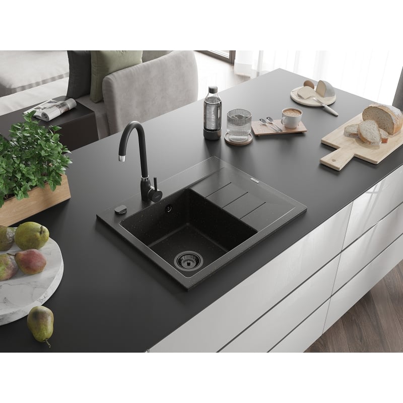 Mexen Ben Granitspüle mit 1 Becken und Abtropffläche, links 600 x 500 mm, schwarz/gold metallic, schwarzer Siphon
