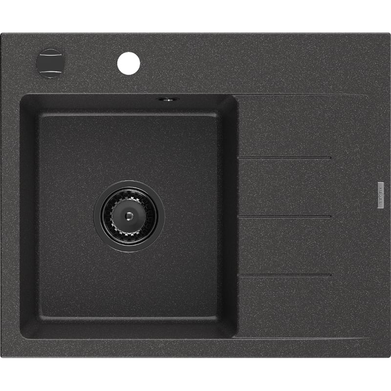 Mexen Ben Granitspüle 1-Becken mit Abtropffläche, links 600 x 500 mm, schwarz gesprenkelt, schwarzer Siphon - 6522605000-76-B