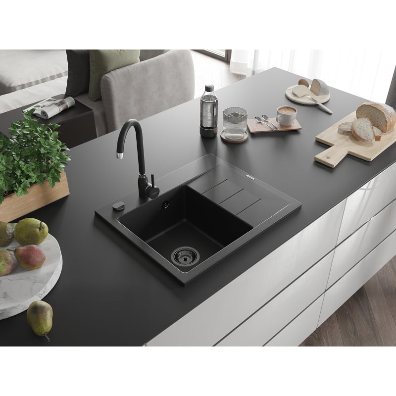Mexen Ben Granitspüle 1-beckig mit Abtropffläche, links 600 x 500 mm, schwarz, schwarzer Siphon - 6522605000-77-B