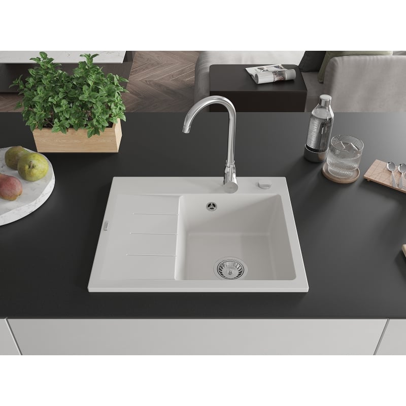 Mexen Ben 1-beckiges Granitspülbecken mit Abtropffläche, rechts 600 x 500 mm, weiß, Siphon Chrom - 6523605000-20
