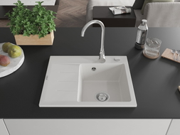 Mexen Ben 1-beckiges Granitspülbecken mit Abtropffläche, rechts 600 x 500 mm, weiß, Siphon Chrom - 6523605000-20