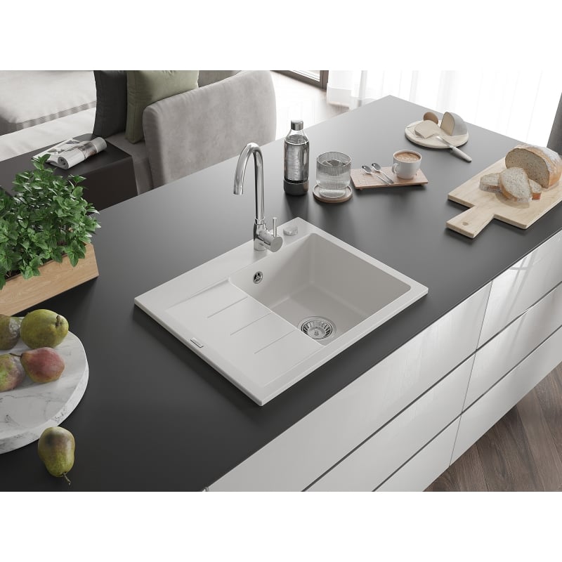 Mexen Ben 1-beckiges Granitspülbecken mit Abtropffläche, rechts 600 x 500 mm, weiß, Siphon Chrom - 6523605000-20