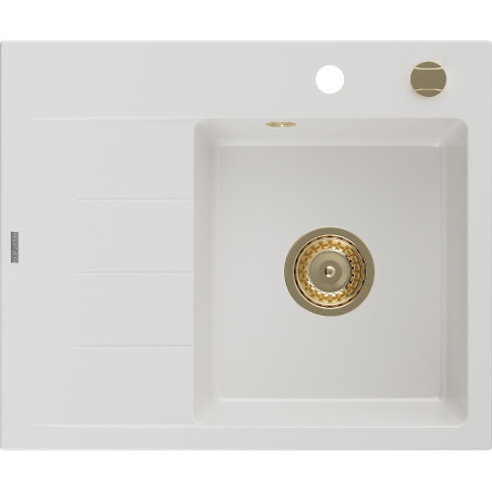 Mexen Ben Granitspüle 1-beckig mit Abtropffläche, rechts 600 x 500 mm, weiß, Siphon gold - 6523605000-20-G