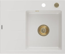 Mexen Ben Granitspüle 1-beckig mit Abtropffläche, rechts 600 x 500 mm, weiß, Siphon gold - 6523605000-20-G