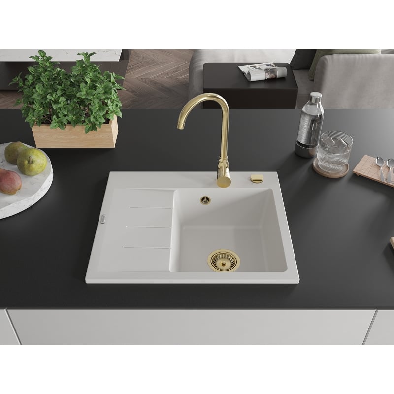 Mexen Ben Granitspüle 1-beckig mit Abtropffläche, rechts 600 x 500 mm, weiß, Siphon gold - 6523605000-20-G