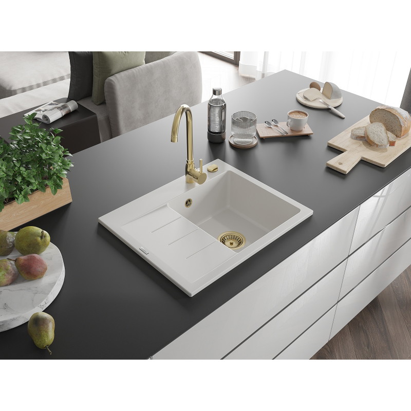 Mexen Ben Granitspüle 1-beckig mit Abtropffläche, rechts 600 x 500 mm, weiß, Siphon gold - 6523605000-20-G