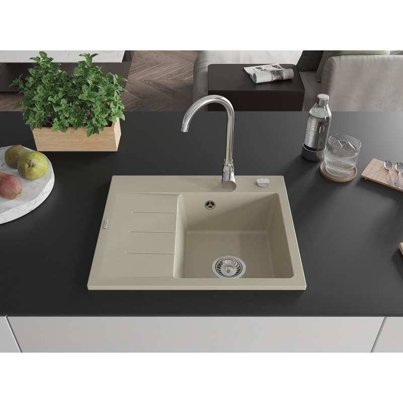 Mexen Ben Granitspüle 1-beckig mit Abtropffläche, rechts 600 x 500 mm, beige, Syphon chrom - 6523605000-69