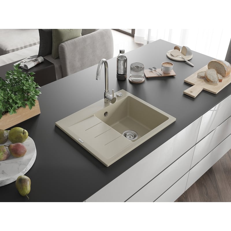Mexen Ben Granitspüle 1-beckig mit Abtropffläche, rechts 600 x 500 mm, beige, Syphon chrom - 6523605000-69