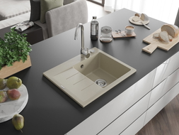 Mexen Ben Granitspüle 1-beckig mit Abtropffläche, rechts 600 x 500 mm, beige, Syphon chrom - 6523605000-69