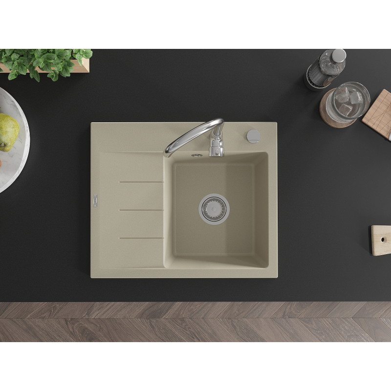 Mexen Ben Granitspüle 1-beckig mit Abtropffläche, rechts 600 x 500 mm, beige, Syphon chrom - 6523605000-69