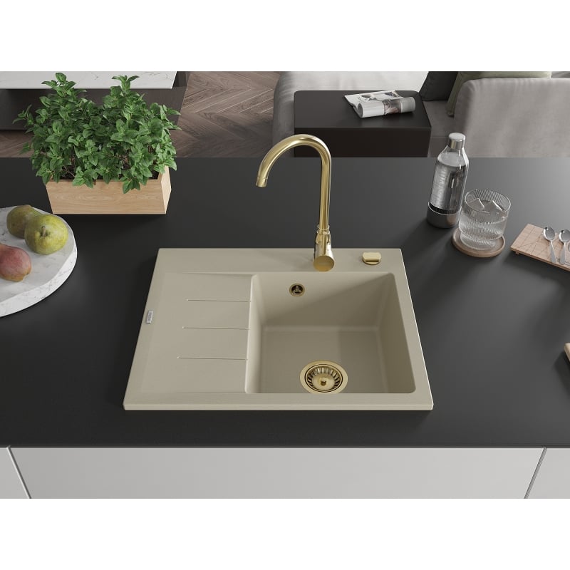 Mexen Ben Granitspüle 1-beckig mit Abtropffläche, rechts 600 x 500 mm, beige, Siphon goldfarben - 6523605000-69-G