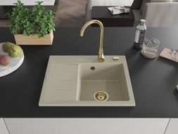 Mexen Ben Granitspüle 1-beckig mit Abtropffläche, rechts 600 x 500 mm, beige, Siphon goldfarben - 6523605000-69-G