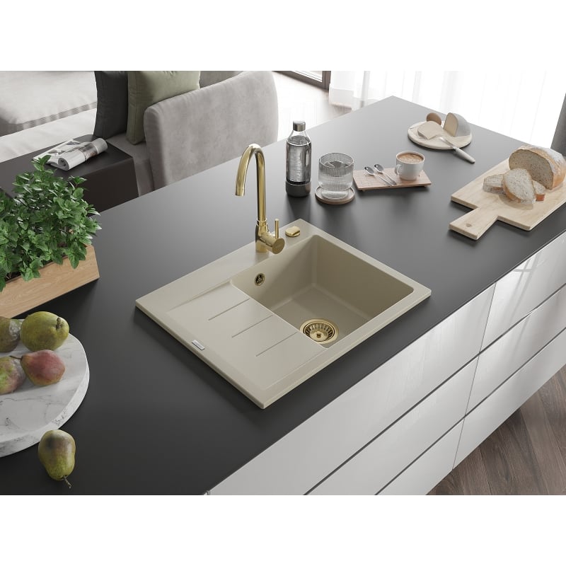 Mexen Ben Granitspüle 1-beckig mit Abtropffläche, rechts 600 x 500 mm, beige, Siphon goldfarben - 6523605000-69-G