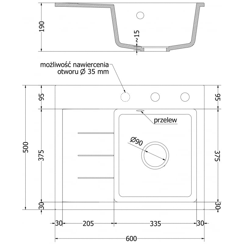 Mexen Ben Granitspüle 1-beckig mit Abtropffläche, rechts 600 x 500 mm, beige, Siphon goldfarben - 6523605000-69-G