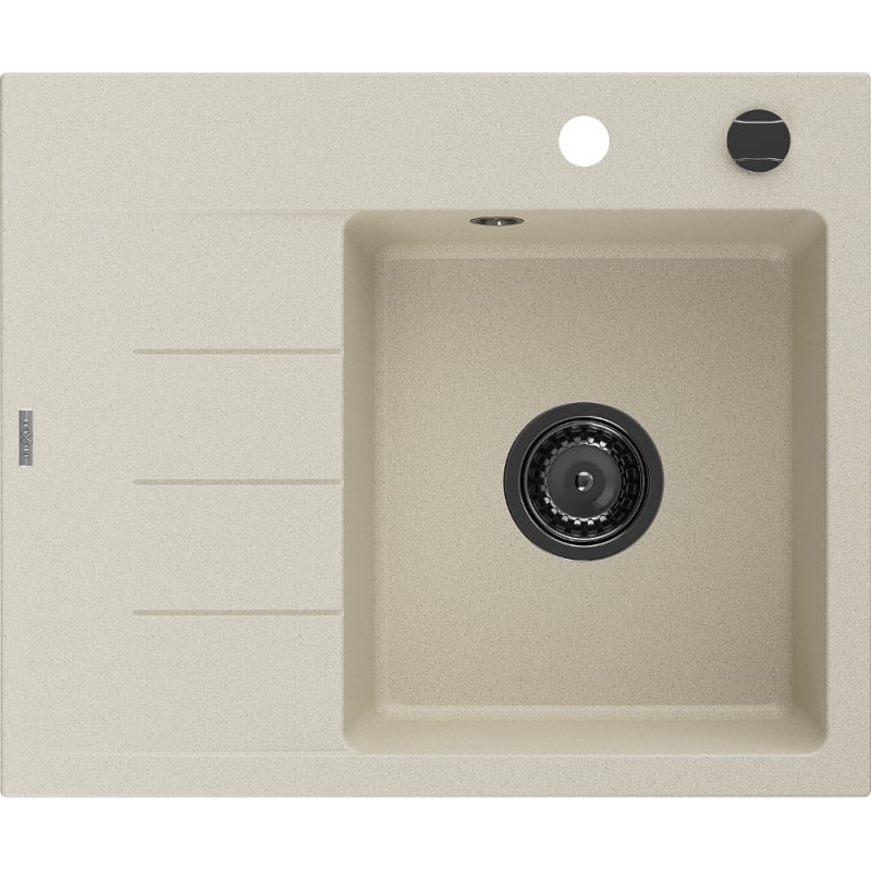Mexen Ben Granitspüle 1-Becken mit Abtropffläche, rechts 600 x 500 mm, beige, schwarzer Siphon - 6523605000-69-B