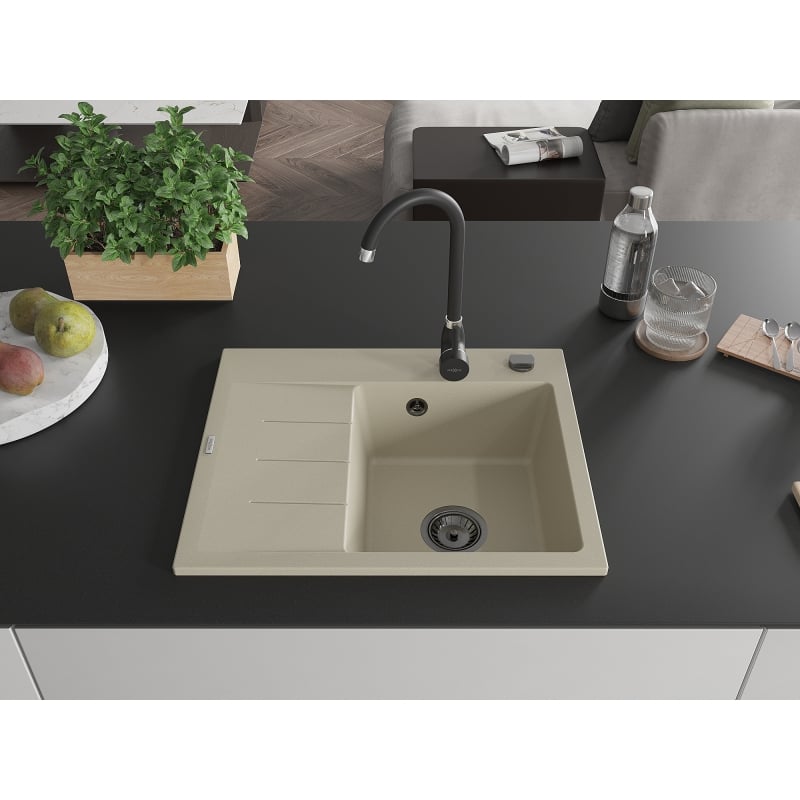 Mexen Ben Granitspüle 1-Becken mit Abtropffläche, rechts 600 x 500 mm, beige, schwarzer Siphon - 6523605000-69-B