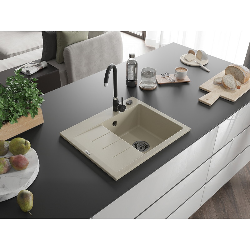Mexen Ben Granitspüle 1-Becken mit Abtropffläche, rechts 600 x 500 mm, beige, schwarzer Siphon - 6523605000-69-B