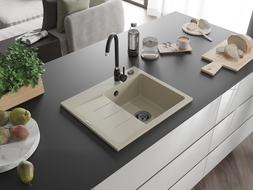Mexen Ben Granitspüle 1-Becken mit Abtropffläche, rechts 600 x 500 mm, beige, schwarzer Siphon - 6523605000-69-B