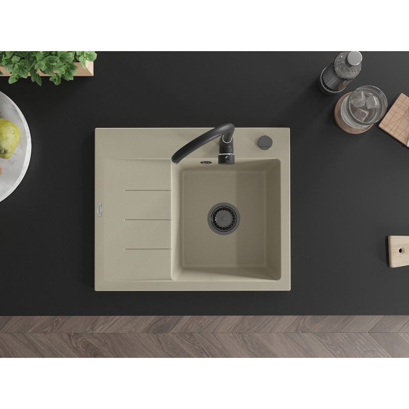 Mexen Ben Granitspüle 1-Becken mit Abtropffläche, rechts 600 x 500 mm, beige, schwarzer Siphon - 6523605000-69-B