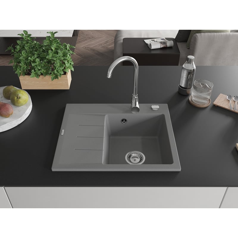 Mexen Ben Granitspüle 1-beckig mit Abtropffläche, rechts 600 x 500 mm, grau, Siphon chrom - 6523605000-71