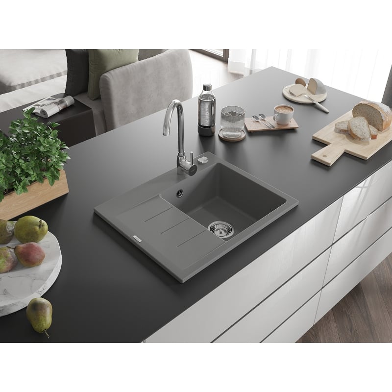 Mexen Ben Granitspüle 1-beckig mit Abtropffläche, rechts 600 x 500 mm, grau, Siphon chrom - 6523605000-71