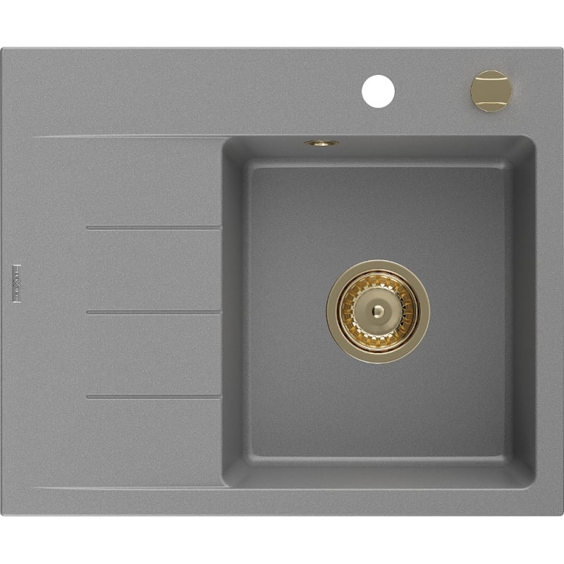 Mexen Ben 1-Kammer-Granitzwischenbecken mit Abtropffläche, rechts 600 x 500 mm, grau, goldener Siphon - 6523605000-71-G