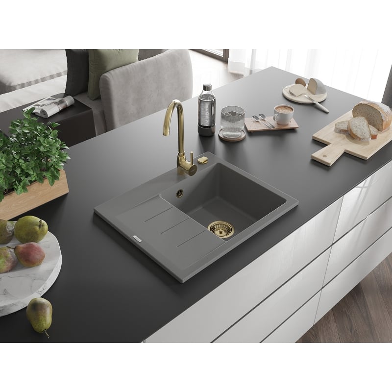 Mexen Ben 1-Kammer-Granitzwischenbecken mit Abtropffläche, rechts 600 x 500 mm, grau, goldener Siphon - 6523605000-71-G