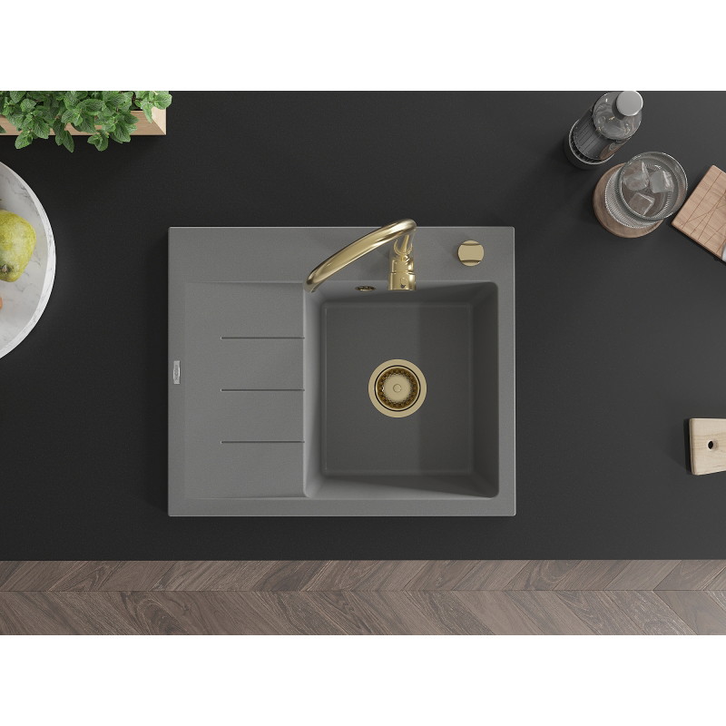 Mexen Ben 1-Kammer-Granitzwischenbecken mit Abtropffläche, rechts 600 x 500 mm, grau, goldener Siphon - 6523605000-71-G