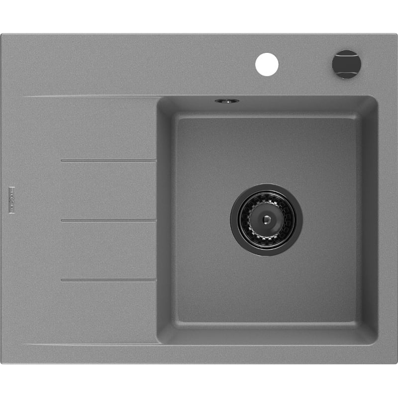 Mexen Ben Granitspüle 1-Becken mit Abtropffläche, rechts 600 x 500 mm, grau, Siphon schwarz - 6523605000-71-B
