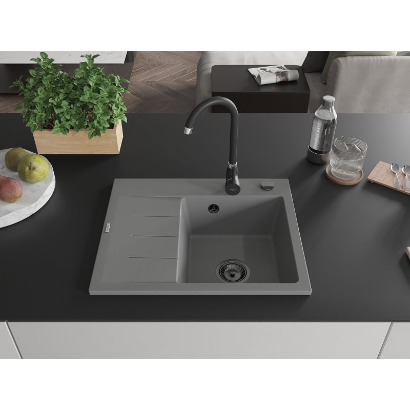 Mexen Ben Granitspüle 1-Becken mit Abtropffläche, rechts 600 x 500 mm, grau, Siphon schwarz - 6523605000-71-B