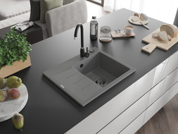 Mexen Ben Granitspüle 1-Becken mit Abtropffläche, rechts 600 x 500 mm, grau, Siphon schwarz - 6523605000-71-B
