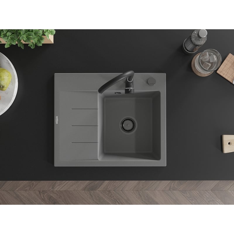 Mexen Ben Granitspüle 1-Becken mit Abtropffläche, rechts 600 x 500 mm, grau, Siphon schwarz - 6523605000-71-B