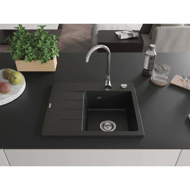 Mexen Ben 1-Kammer Granitspüle mit Abtropffläche, rechts 600 x 500 mm, schwarz/silber metallic, Siphon chrom - 6523605000-73