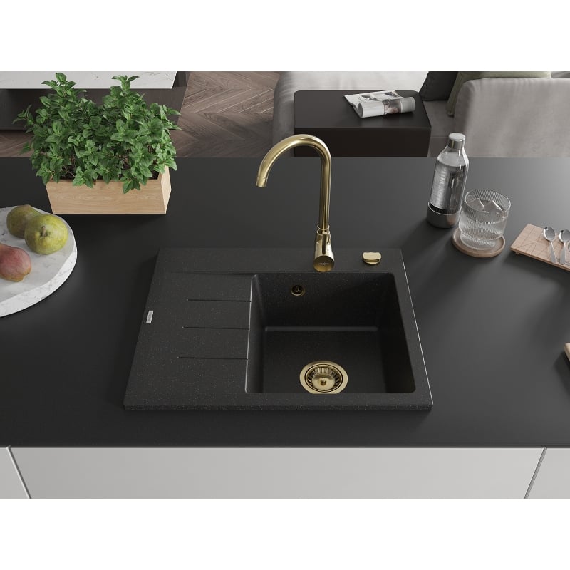 Mexen Ben Granitspüle 1-Becken mit Abtropffläche, rechts 600 x 500 mm schwarz/silber metallic Siphon gold - 6523605000-73-G