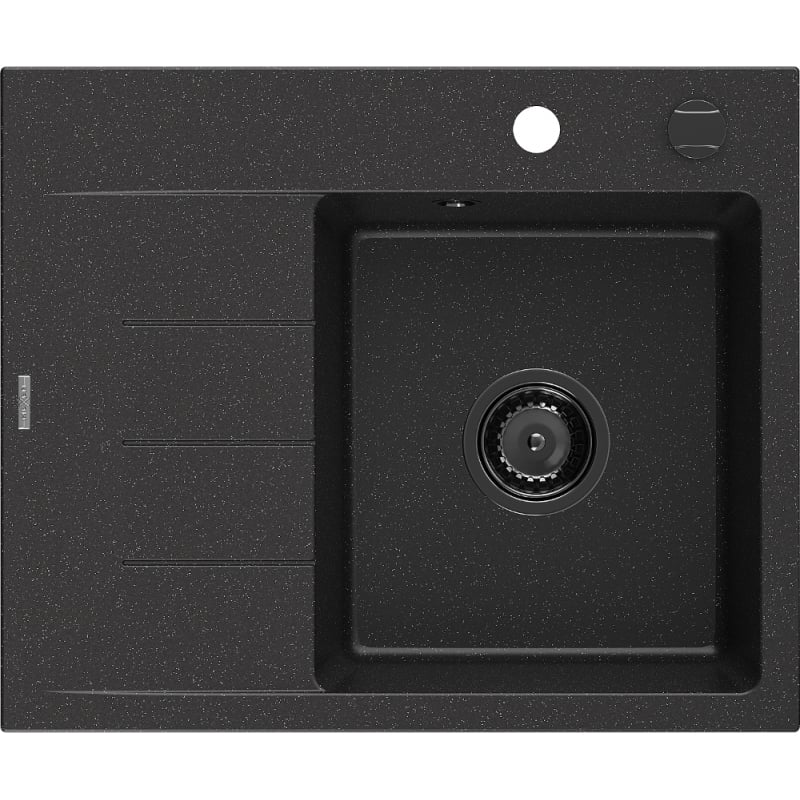 Mexen Ben granitspüle einbecken mit abtropffläche, rechts 600x500 mm, schwarz/silber metallic siphon schwarz - 6523605000-73-B