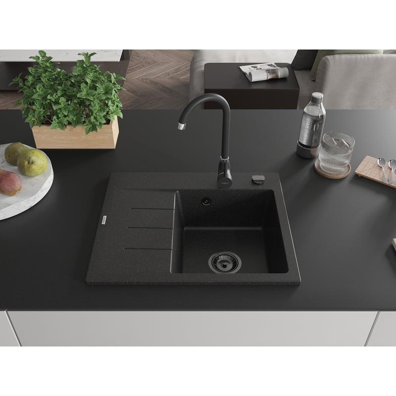 Mexen Ben granitspüle einbecken mit abtropffläche, rechts 600x500 mm, schwarz/silber metallic siphon schwarz - 6523605000-73-B